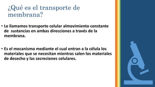 ¿Qué es el transporte de
membrana?
• Le llamamos transporte celular almovimiento constante
de sustancias en ambas direcciones a través de la
membrana.
• Es el mecanismo mediante el cual entran a la célula los
materiales que se necesitan mientras salen los materiales
de desecho y las secreciones celulares.
 