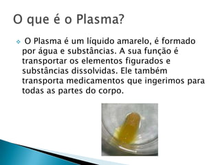  O Plasma é um líquido amarelo, é formado por água e substâncias. Asua função é transportar os elementos figurados e substâncias dissolvidas. Ele também transporta medicamentos que ingerimos para todas as partes do corpo. O que é o Plasma?