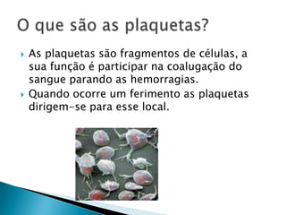 As plaquetas são fragmentos de células, a sua função é participar na coalugação do sangue parando as hemorragias.Quando ocorre um ferimento as plaquetas dirigem-se para esse local.O que são as plaquetas?