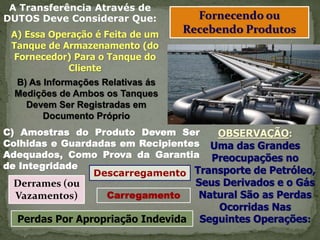 Fornecendo ou
Recebendo Produtos
A Transferência Através de
DUTOS Deve Considerar Que:
A) Essa Operação é Feita de um
Tanque de Armazenamento (do
Fornecedor) Para o Tanque do
Cliente
B) As Informações Relativas ás
Medições de Ambos os Tanques
Devem Ser Registradas em
Documento Próprio
C) Amostras do Produto Devem Ser
Colhidas e Guardadas em Recipientes
Adequados, Como Prova da Garantia
de Integridade
OBSERVAÇÃO:
Uma das Grandes
Preocupações no
Transporte de Petróleo,
Seus Derivados e o Gás
Natural São as Perdas
Ocorridas Nas
Seguintes Operações:
Descarregamento
Carregamento
Derrames (ou
Vazamentos)
Perdas Por Apropriação Indevida
 