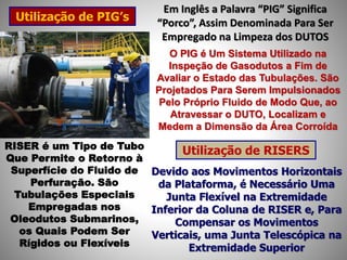 Utilização de PIG’s
Em Inglês a Palavra “PIG” Significa
“Porco”, Assim Denominada Para Ser
Empregado na Limpeza dos DUTOS
O PIG é Um Sistema Utilizado na
Inspeção de Gasodutos a Fim de
Avaliar o Estado das Tubulações. São
Projetados Para Serem Impulsionados
Pelo Próprio Fluido de Modo Que, ao
Atravessar o DUTO, Localizam e
Medem a Dimensão da Área Corroída
Utilização de RISERSRISER é um Tipo de Tubo
Que Permite o Retorno à
Superfície do Fluido de
Perfuração. São
Tubulações Especiais
Empregadas nos
Oleodutos Submarinos,
os Quais Podem Ser
Rígidos ou Flexíveis
Devido aos Movimentos Horizontais
da Plataforma, é Necessário Uma
Junta Flexível na Extremidade
Inferior da Coluna de RISER e, Para
Compensar os Movimentos
Verticais, uma Junta Telescópica na
Extremidade Superior
 