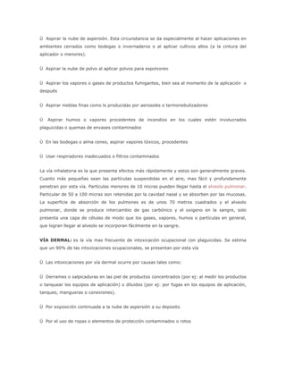 Ü Aspirar la nube de aspersión. Esta circunstancia se da especialmente al hacer aplicaciones en
ambientes cerrados como bodegas o invernaderos o al aplicar cultivos altos (a la cintura del
aplicador o menores).


Ü Aspirar la nube de polvo al aplicar polvos para espolvoreo


Ü Aspirar los vapores o gases de productos fumigantes, bien sea al momento de la aplicación o
después


Ü Aspirar nieblas finas como ls producidas por aerosoles o termonebulizadores


Ü   Aspirar humos o vapores procedentes de incendios en los cuales estén involucrados
plaguicidas o quemas de envases contaminados


Ü En las bodegas o alma cenes, aspirar vapores tóxicos, procedentes


Ü Usar respiradores inadecuados o filtros contaminados


La vía inhalatoria es la que presenta efectos más rápidamente y estos son generalmente graves.
Cuanto más pequeñas sean las partículas suspendidas en el aire, mas fácil y profundamente
penetran por esta vía. Partículas menores de 10 micras pueden llegar hasta el alveolo pulmonar.
Particular de 50 a 100 micras son retenidas por la cavidad nasal y se absorben por las mucosas.
La superficie de absorción de los pulmones es de unos 70 metros cuadrados y el alveolo
pulmonar, donde se produce intercambio de gas carbónico y el oxigeno en la sangre, solo
presenta una capa de células de modo que los gases, vapores, humos o partículas en general,
que logran llegar al alveolo se incorporan fácilmente en la sangre.


VÍA DERMAL: es la vía mas frecuente de intoxicación ocupacional con plaguicidas. Se estima
que un 90% de las intoxicaciones ocupacionales, se presentan por esta vía


Ü Las intoxicaciones por vía dermal ocurre por causas tales como:


Ü Derrames o salpicaduras en las piel de productos concentrados (por ej: al medir los productos
o tanquear los equipos de aplicación) o diluidos (por ej: por fugas en los equipos de aplicación,
tanques, mangueras o conexiones).


Ü Por exposición continuada a la nube de aspersión a su deposito


Ü Por el uso de ropas o elementos de protección contaminados o rotos
 