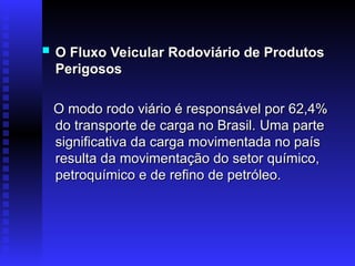  O Fluxo Veicular Rodoviário de Produtos
O Fluxo Veicular Rodoviário de Produtos
Perigosos
Perigosos
O modo rodo viário é responsável por 62,4%
O modo rodo viário é responsável por 62,4%
do transporte de carga no Brasil.
do transporte de carga no Brasil. Uma parte
Uma parte
significativa da carga movimentada no país
significativa da carga movimentada no país
resulta da movimentação do setor químico,
resulta da movimentação do setor químico,
petroquímico e de refino de petróleo.
petroquímico e de refino de petróleo.
 