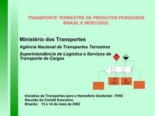 TRANSPORTE TERRESTRE DE PRODUTOS PERIGOSOS
BRASIL E MERCOSUL
Ministério dos Transportes
Agência Nacional de Transportes Terrestres
Superintendência de Logística e Serviços de
Transporte de Cargas
Iniciativa de Transportes para o Hemisfério Ocidental - ITHO
Reunião do Comitê Executivo
Brasília: 13 e 14 de maio de 2002
1203
33 80
2443
 