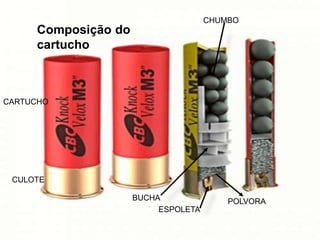 Composição do
cartucho
CULOTE
CARTUCHO
ESPOLETA
POLVORA
BUCHA
CHUMBO
 