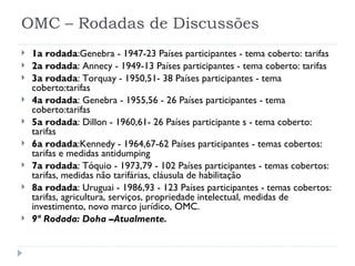 OMC – Rodadas de Discussões
   1a rodada:Genebra - 1947-23 Países participantes - tema coberto: tarifas
   2a rodada: Annecy - 1949-13 Países participantes - tema coberto: tarifas
   3a rodada: Torquay - 1950,51- 38 Países participantes - tema
    coberto:tarifas
   4a rodada: Genebra - 1955,56 - 26 Países participantes - tema
    coberto:tarifas
   5a rodada: Dillon - 1960,61- 26 Países participante s - tema coberto:
    tarifas
   6a rodada:Kennedy - 1964,67-62 Países participantes - temas cobertos:
    tarifas e medidas antidumping
   7a rodada: Tóquio - 1973,79 - 102 Países participantes - temas cobertos:
    tarifas, medidas não tarifárias, cláusula de habilitação
   8a rodada: Uruguai - 1986,93 - 123 Países participantes - temas cobertos:
    tarifas, agricultura, serviços, propriedade intelectual, medidas de
    investimento, novo marco jurídico, OMC.
   9ª Rodada: Doha –Atualmente.
 