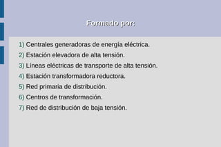 Formado por:Formado por:
1) Centrales generadoras de energía eléctrica.
2) Estación elevadora de alta tensión.
3) Líneas e...