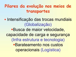 Pilares da evolução nos meios de
           transportes
 Intensificação das trocas mundiais
          (Globalização)
  Busca de maior velocidade,
capacidade de carga e segurança
  (Infra estrutura e tecnologia)
   Barateamento nos custos
     operacionais (Logística)
 