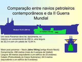 Comparação entre navios petroleiros
        contemporâneos e da II Guerra
                  Mundial

            Modern VLCC (294 m)
                                       T2 Tanker (153 m)   1942

Um navio Panamax deve ter, tipicamente, no
máximo um comprimento de 294 m, uma largura
de 32,3 m com um calado de 12,04 m.


Maior post panamax – Navio Jahre Viking (antigo Knock Nevis)
Comprimento: 458 metros (mais de 4 campos de futebol)
Largura: 69 metros (equivalente a um edifício de 23 andares)
Calado (Profundidade do Casco Submerso): 24.5 metros
(equivalente a um edifício de 8 andares)
 