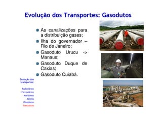 Evolução dos Transportes: Gasodutos
As canalizações para
a distribuição gases;
Ilha do governador –
Rio de Janeiro;
Gasoduto Urucu ->
Manaus;
Gasoduto Duque de
Caxias;
Gasoduto Cuiabá.
Evolução dos
transportes:
Rodoviários
Ferroviários
Marítimos
Aéreos
Oleodutos
Gasodutos

 