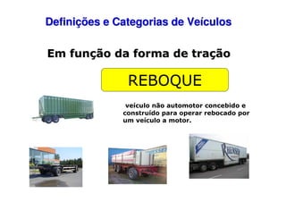 Definições e Categorias de Veículos
Em função da forma de tração

REBOQUE
veículo não automotor concebido e
construído para operar rebocado por
um veículo a motor.

 