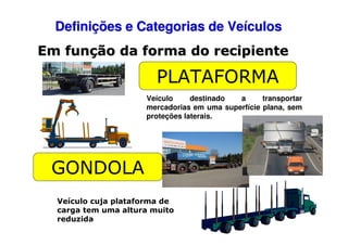 Definições e Categorias de Veículos
Em função da forma do recipiente

PLATAFORMA
Veículo
destinado
a
transportar
mercadorias em uma superfície plana, sem
proteções laterais.

GONDOLA
Veículo cuja plataforma de
carga tem uma altura muito
reduzida

 