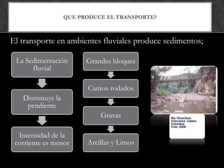 QUE PRODUCE EL TRANSPORTE?



El transporte en ambientes fluviales produce sedimentos;

 La Sedimentación       Grandes bloques
      fluvial

                        Cantos rodados
   Disminuye la
    pendiente
                            Gravas

  Intensidad de la
 corriente es menor     Arcillas y Limos
 