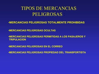 TIPOS DE MERCANCIAS
PELIGROSAS :
•MERCANCIAS PELIGROSAS TOTALMENTE PROHIBIDAS
•MERCANCIAS PELIGROSAS OCULTAS
•MERCANCIAS PELIGROSAS PERMITIDAS A LOS PASAJEROS Y
TRIPULACION
•MERCANCIAS PELIGROSAS EN EL CORREO
•MERCANCIAS PELIGROSAS PROPIEDAD DEL TRANSPORTISTA

 