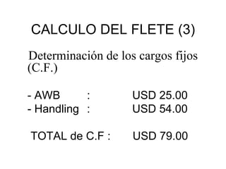 CALCULO DEL FLETE (3)
Determinación de los cargos fijos
(C.F.)
- AWB
:
- Handling :

USD 25.00
USD 54.00

TOTAL de C.F :

USD 79.00

 