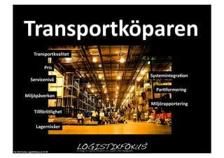 Transportkvalitet	
  

                                                Pris	
  
                                                           Systemintegra1on	
  
                          Servicenivå	
  

                                                             Par1formering	
  
                 Miljöpåverkan	
  
                                                           Miljörapportering	
  
                                Tillförlitlighet	
  


                                   Lagernivåer	
  



Per	
  Olof	
  Arnäs,	
  Logis1kfokus.se	
  CC-­‐BY	
  
 