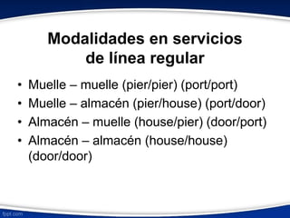 Modalidades en servicios 
de línea regular 
• Muelle – muelle (pier/pier) (port/port) 
• Muelle – almacén (pier/house) (port/door) 
• Almacén – muelle (house/pier) (door/port) 
• Almacén – almacén (house/house) 
(door/door) 
 