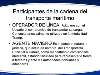 Participantes de la cadena del 
transporte marítimo 
• OPERADOR DE LÍNEA Adquiere con el 
Usuario el compromiso de transportar su carga. 
Concepto principalmente utilizado en la modalidad 
Tramp. 
• AGENTE NAVIERO Es la persona natural o 
jurídica, que actúa en nombre del Transportista 
Principal o Carrier, como mandatario o comisionista 
mercantil, estando facultado para representarlo frente 
a terceros y ante las autoridades portuarias y 
aduaneras. 
 