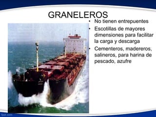 GRANELEROS 
• No tienen entrepuentes 
• Escotillas de mayores 
dimensiones para facilitar 
la carga y descarga 
• Cementeros, madereros, 
salineros, para harina de 
pescado, azufre 
 