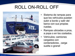ROLL ON-ROLL OFF 
• Sistema de rampas para 
que los vehículos puedan 
subir a bordo y salir del 
barco con sus propias 
ruedas. 
• Rampas ubicadas a proa, 
a popa o en los costados. 
• Vehículos; camiones 
cargados con 
contenedores , carga 
suelta o granel 
 