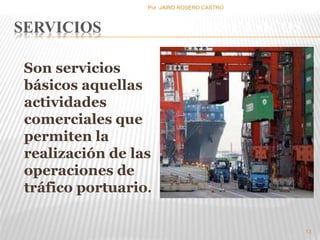 13 
Por :JAIRO ROSERO CASTRO 
SERVICIOS DE SSERVICIOS BÁSICOS 
Son servicios 
básicos aquellas 
actividades 
comerciales que 
permiten la 
realización de las 
operaciones de 
tráfico portuario. 
 