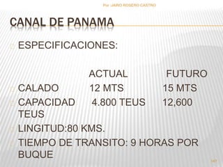 Por :JAIRO ROSERO CASTRO 
CANAL DE PANAMA 
ESPECIFICACIONES: 
ACTUAL FUTURO 
CALADO 12 MTS 15 MTS 
CAPACIDAD 4.800 TEUS 12,600 
TEUS 
LINGITUD:80 KMS. 
TIEMPO DE TRANSITO: 9 HORAS POR 
BUQUE 
147 
 