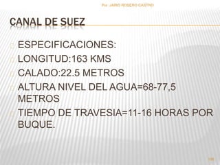 CANAL DE SUEZ 
Por :JAIRO ROSERO CASTRO 
ESPECIFICACIONES: 
LONGITUD:163 KMS 
CALADO:22.5 METROS 
ALTURA NIVEL DEL AGUA=68-77,5 
METROS 
TIEMPO DE TRAVESIA=11-16 HORAS POR 
BUQUE. 
156 
 