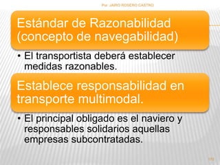 Estándar de Razonabilidad 
(concepto de navegabilidad) 
• El transportista deberá establecer 
medidas razonables. 
Establece responsabilidad en 
transporte multimodal. 
• El principal obligado es el naviero y 
responsables solidarios aquellas 
empresas subcontratadas. 
170 
Por :JAIRO ROSERO CASTRO 
 