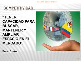 COMPETITIVIDAD.. 
Por :JAIRO ROSERO CASTRO 
188 
“TENER 
CAPACIDAD PARA 
BUSCAR, 
MANTENER Y 
AMPLIAR 
ESPACIO EN EL 
MERCADO”. 
Peter Druker 
 