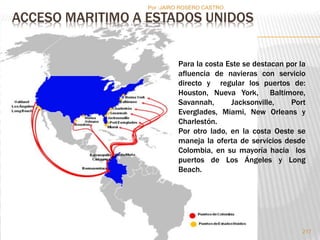 ACCESO MARITIMO A ESTADOS UNIDOS 
Para la costa Este se destacan por la 
afluencia de navieras con servicio 
directo y regular los puertos de: 
Houston, Nueva York, Baltimore, 
Savannah, Jacksonville, Port 
Everglades, Miami, New Orleans y 
Charlestón. 
Por otro lado, en la costa Oeste se 
maneja la oferta de servicios desde 
Colombia, en su mayoría hacia los 
puertos de Los Ángeles y Long 
Beach. 
217 
Por :JAIRO ROSERO CASTRO 
 