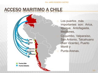 ACCESO MARITIMO A CHILE 
Los puertos más 
importantes son: Arica, 
Iquique, Antofagasta, 
Mejillones, 
Coquimbo, Valparaíso, 
San Antonio, Talcahuano 
(San Vicente), Puerto 
Montt y 
Punta Arenas. 
223 
Por :JAIRO ROSERO CASTRO 
 
