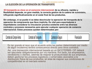 Por :JAIRO ROSERO CASTRO 
LA ELECCIÓN DE LA OPERACIÓN DE TRANSPORTE 
246 
•El transporte es clave en el comercio internacional; de su eficacia, rapidez y 
flexibilidad depende, en gran medida, la correcta gestión de la cadena de suministro, 
influyendo significativamente en el coste final de los productos. 
Sin embargo, ni se puede ni se debe desvincular la operación de transporte de la 
operación de compraventa que lleva implícita. Es vital para exportadores e 
importadores considerar la vinculación práctica existente entre los diversos 
contratos y procesos necesarios para ejecutar cualquier operación de comercio 
internacional. Estos procesos quedan determinados por: 
Es tan grande el nexo que el acuerdo entre las partes (determinado por medio 
de algún incoterms) tendrá consecuencia directa para otros contratos. 
Así, una transacción internacional basada en un INCOTERMS- CIF deberá 
ser ejecutada obligatoriamente por vía marítima. Por tanto, los empresarios, 
vendedores o clientes, además de mejorar la productividad de sus empresas, 
deben gestionar los procesos logísticos y comerciales asociados a la 
distribución física de sus productos, en aras de mejorar sus condiciones de 
competitividad en el mercado exterior. 
 