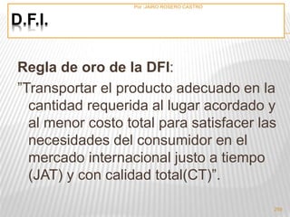 D.F.I. 
Regla de oro de la DFI: 
”Transportar el producto adecuado en la 
cantidad requerida al lugar acordado y 
al menor costo total para satisfacer las 
necesidades del consumidor en el 
mercado internacional justo a tiempo 
(JAT) y con calidad total(CT)”. 
259 
Por :JAIRO ROSERO CASTRO 
 