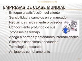 291 
Por :JAIRO ROSERO CASTRO 
EMPRESAS DE CLASE MUNDIAL 
Enfoque a satisfacción del cliente 
Sensibilidad a cambios en el mercado 
Requisitos claros cliente proveedor 
Conocimiento profundo de sus 
procesos de trabajo 
Apego a normas y estándares internacionales 
Sistemas financieros adecuados 
Tecnología adecuada 
Amigables con el ambiente 
 