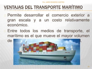 VENTAJAS DEL TRANSPORTE MARÍTIMO 
Permite desarrollar el comercio exterior a 
gran escala y a un costo relativamente 
económico. 
Entre todos los medios de transporte, el 
marítimo es el que mueve el mayor volumen 
de mercancías en el tráfico internacional. 
55 
Por :JAIRO ROSERO CASTRO 
 