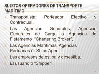 SUJETOS OPERADORES DE TRANSPORTE 
MARÍTIMO 
1. Transportista: Porteador Efectivo y 
Contractual. 
2. Las Agencias Generales, Agencias 
Generales de Carga o Agencias de 
Fletamento “Chartering Broker”. 
3. Las Agencias Marítimas, Agencias 
Portuarias ó “Ships Agent”. 
4. Las empresas de estiba y desestiba. 
5. El usuario o “Shipper”. 
58 
Por :JAIRO ROSERO CASTRO 
 