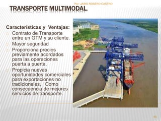 TRANSPORTE MULTIMODAL. 
Características y Ventajas: 
Contrato de Transporte 
entre un OTM y su cliente. 
Mayor seguridad 
Proporciona precios 
previamente acordados 
para las operaciones 
puerta a puerta, 
Propicia nuevas 
oportunidades comerciales 
para exportaciones no 
tradicionales, Como 
consecuencia de mejores 
servicios de transporte. 
Por :JAIRO ROSERO CASTRO 
65 
 