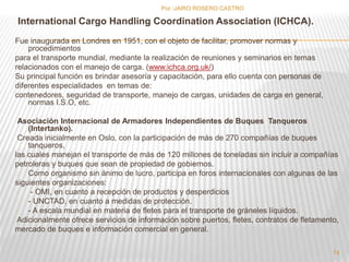 Por :JAIRO ROSERO CASTRO 
International Cargo Handling Coordination Association (ICHCA). 
Fue inaugurada en Londres en 1951, con el objeto de facilitar, promover normas y 
procedimientos 
para el transporte mundial, mediante la realización de reuniones y seminarios en temas 
relacionados con el manejo de carga. (www.ichca.org.uk/) 
Su principal función es brindar asesoría y capacitación, para ello cuenta con personas de 
diferentes especialidades en temas de: 
contenedores, seguridad de transporte, manejo de cargas, unidades de carga en general, 
normas I.S.O, etc. 
Asociación Internacional de Armadores Independientes de Buques Tanqueros 
(Intertanko). 
Creada inicialmente en Oslo, con la participación de más de 270 compañías de buques 
tanqueros, 
las cuales manejan el transporte de más de 120 millones de toneladas sin incluir a compañías 
petroleras y buques que sean de propiedad de gobiernos. 
Como organismo sin ánimo de lucro, participa en foros internacionales con algunas de las 
siguientes organizaciones: 
- OMI, en cuanto a recepción de productos y desperdicios 
- UNCTAD, en cuanto a medidas de protección. 
- A escala mundial en materia de fletes para el transporte de gráneles líquidos. 
Adicionalmente ofrece servicios de información sobre puertos, fletes, contratos de fletamento, 
mercado de buques e información comercial en general. 
74 
 
