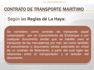 CONTRATO DE TRANSPORTE MARÍTIMO 
Según las Reglas de La Haya: 
Se considera como contrato de transporte aquel 
comprobado por un Conocimiento de Embarque o por 
cualquier documento similar que se habilite para el 
transporte de las mercaderías por mar; así como también 
al conocimiento o documento similar extendido en virtud 
de un contrato de fletamento, a partir del cual rigen las 
relaciones entre el transportador y el tenedor del 
documento. 
79 
Por :JAIRO ROSERO CASTRO 
 