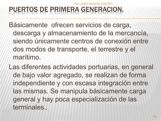 Por :JAIRO ROSERO CASTRO 
Básicamente ofrecen servicios de carga, 
descarga y almacenamiento de la mercancía, 
siendo únicamente centros de conexión entre 
dos modos de transporte, el terrestre y el 
marítimo. 
Las diferentes actividades portuarias, en general 
de bajo valor agregado, se realizan de forma 
independiente y con escasa integración entre 
las mismas. Se manipula básicamente carga 
general y hay poca especialización de las 
terminales.. 
99 
PUERTOS DE PRIMERA GENERACION. 
 