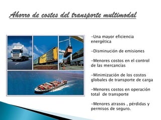 -Una mayor eficiencia
energética

-Disminución de emisiones

-Menores costos en el control
de las mercancías

-Minimización de los costos
globales de transporte de carga

-Menores costos en operación
total de transporte

-Menores atrasos , pérdidas y
permisos de seguro.
 