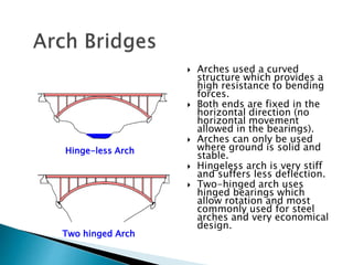  Arches used a curved
structure which provides a
high resistance to bending
forces.
 Both ends are fixed in the
horizontal direction (no
horizontal movement
allowed in the bearings).
 Arches can only be used
where ground is solid and
stable.
 Hingeless arch is very stiff
and suffers less deflection.
 Two-hinged arch uses
hinged bearings which
allow rotation and most
commonly used for steel
arches and very economical
design.
Hinge-less Arch
Two hinged Arch
 