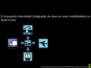 Apresentação elaborada pela Professora FERNANDA LOPES, disciplina de Geografia
O transporte intermodal (integração de duas ou mais modalidades) no
Brasil é raro.
 