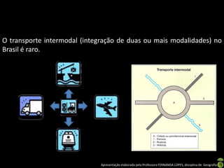 Apresentação elaborada pela Professora FERNANDA LOPES, disciplina de Geografia
O transporte intermodal (integração de duas ou mais modalidades) no
Brasil é raro.
 