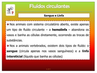 Sangue e Linfa


  Nos animais com sistema circulatório aberto, existe apenas
um tipo de fluído circulante – a hemolinfa – abandona os
vasos e banha as células diretamente, ocorrendo as trocas de
substâncias.
  Nos a animais vertebrados, existem dois tipos de fluído: o
sangue (circula apenas nos vasos sanguíneos) e a linfa
intersticial (líquido que banha as células)



                              IL 2011
 