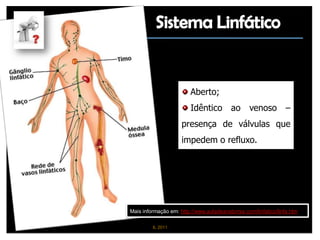 Aberto;
                        Idêntico ao venoso –
                     presença de válvulas que
                     impedem o refluxo.




Mais informação em: http://www.auladeanatomia.com/linfatico/linfa.htm

         IL 2011
 