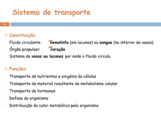 Sistema de transporte  Constituição Fluido circulante  hemolinfa  (em lacunas) ou  sangue  (no interior de vasos) Órgão propulsor  coração Sistema de  vasos ou lacunas  por onde o fluido circula Funções Transporte de nutrientes e oxigénio às células Transporte de material resultante do metabolismo celular Transporte de hormonas Defesa do organismo Distribuição do calor metabólico pelo organismo 