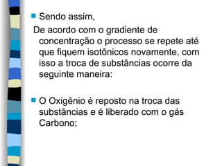 Sendo assim,  De acordo com o gradiente de  concentração o processo se repete até que fiquem isotônicos novamente, com isso a troca de substâncias ocorre da seguinte maneira: O Oxigênio é reposto na troca das substâncias e é liberado com o gás Carbono; 