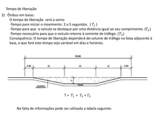 Tempo de liberação
2) Ônibus em baias:
O tempo de liberação será a soma:
-Tempo para iniciar o movimento: 2 a 5 segundos. ( 𝑇1 )
-Tempo para que o veículo se desloque por uma distância igual ao seu comprimento. (𝑇2)
-Tempo necessário para que o veículo retorne à corrente de tráfego. (𝑇3)
Consequência: O tempo de liberação dependerá do volume de tráfego na faixa adjacente à
baia, o que fará este tempo seja variável em dias e horários.
Na falta de informações pode ser utilizada a tabela seguinte:
T = 𝑇1 + 𝑇2 + 𝑇3
 