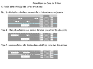 Capacidade da faixa de ônibus
As faixas para ônibus pode ser de três tipos:
Tipo 1 – Os ônibus não fazem uso da faixa lateralmente adjacente
Tipo 2 – Os ônibus fazem uso parcial da faixa lateralmente adjacente
Tipo 3 – As duas faixas são destinadas ao tráfego exclusivo dos ônibus
 